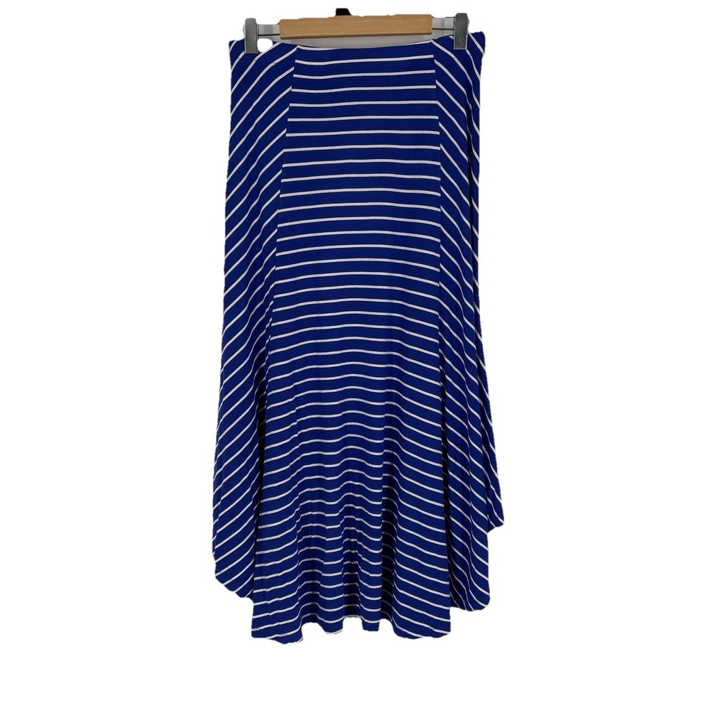 Chico's Skirt Womens 8/10 Blue White Stripe Flare Pull On Stretch Midi Jersey